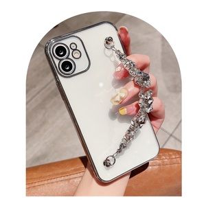 iPhone 12 or 13 Pro Max Clear Silver Diamond Decor Hand Strap Phone Case